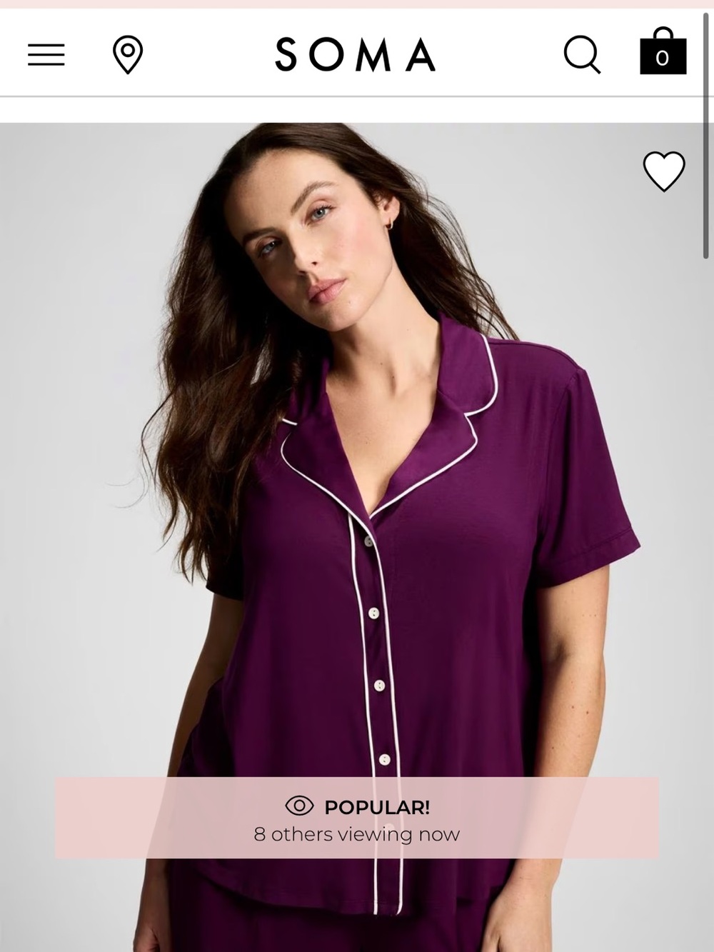 Soma Plum Pajama Top with White Piping